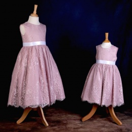 Girls Dusky Pink Fringe Lace Dress with White Satin Sash